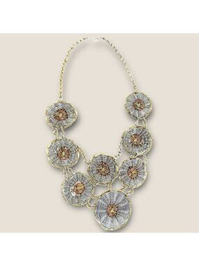 Wire Woven Disc Statement Bib Necklace 20 Inches Adjustable Chain Gold & Silver